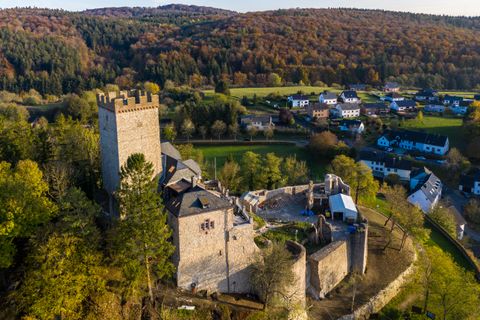 Luftaufnahme einer Burg in einer bewaldeten Landschaft mit einem Dorf im Hintergrund.