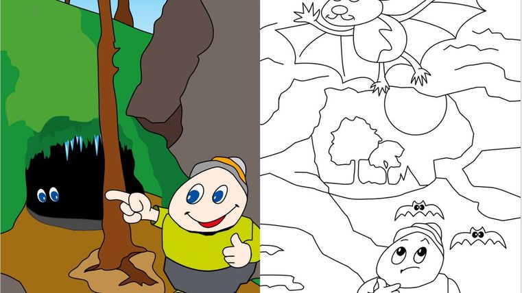 Bunt illustrierte Seite des Malbuchs mit Titel "Mit Willi Basalt durchs Gerolsteiner Land" und daneben einer weißer Ausmalseite.