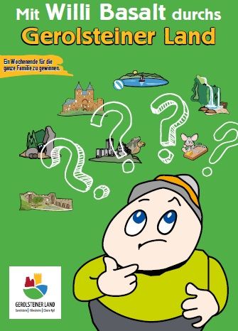 Titelseite des Malbuchs "Mit Willi Basalt durchs Gerolsteiner Land" mit bunt illustriertem maskottchen Willi Basalt.