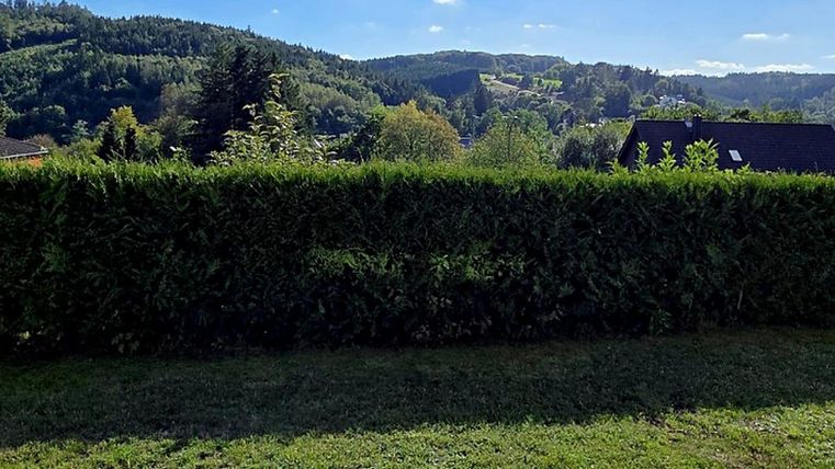 Un jardin bien entretenu avec une haie verte et une vue sur des collines douces. Le ciel est bleu et partiellement nuageux.