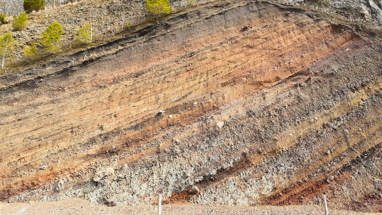 Gesteinsschichten am Rockeskyller Kopf mit Bäumen im Hintergrund.