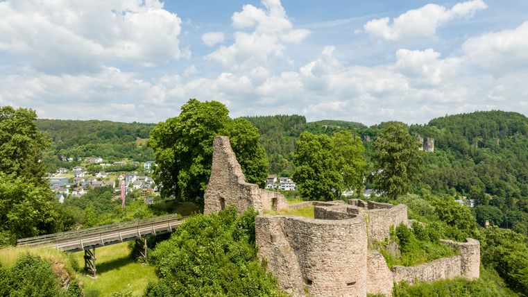 Luftaufnahme der Löwenburg mit der hinführenden Holzbrücke, umgeben von grüner Landschaft und Bäumen oberhalb von Gerolstein.