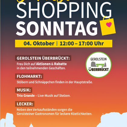Ein Plakat für den Gerolsteiner Shopping Sonntag am 04. Oktober. Es informiert über Aktionen, einen Flohmarkt und Live-Musik.