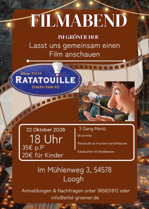 Ein Plakat für einen Filmabend mit dem Titel "Ratatouille". Es zeigt Informationen zu Datum, Ort und einem 3-Gänge-Menü.