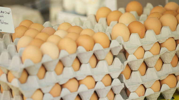 Mehrere gefüllte Eierpaletten sind aufeinander gestapelt und stehen zum Verkauf.