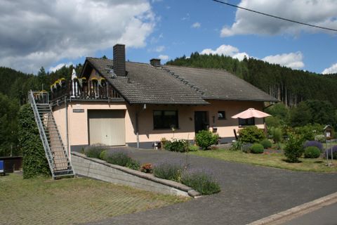 Ein schönes Einfamilienhaus mit einem Garten und einer Terrasse. Im Hintergrund sind Bäume und ein klarer Himmel zu sehen.