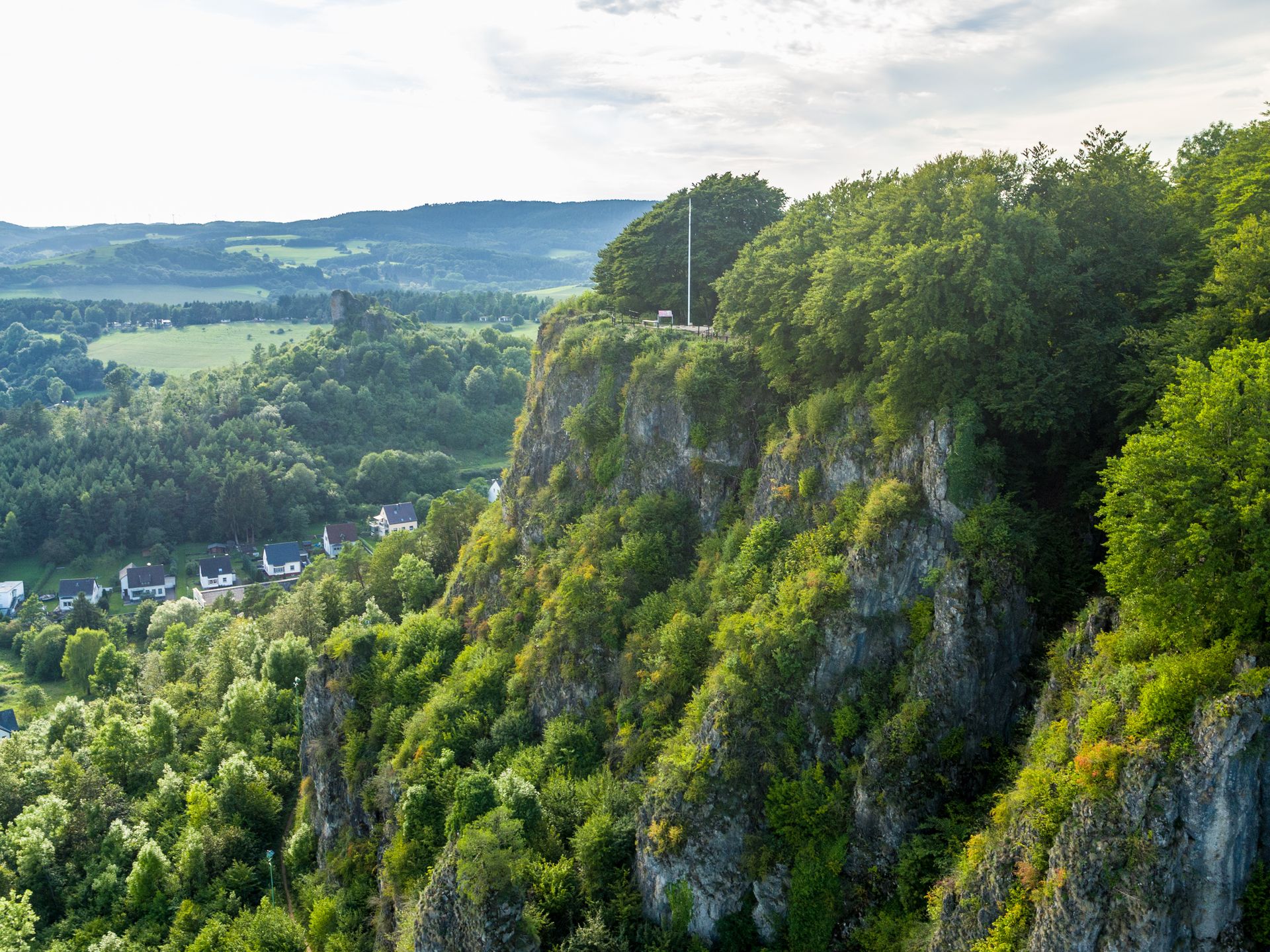 Blick auf das Munterley Plateau in der Eifel mit üppiger Vegetation und Felsen.