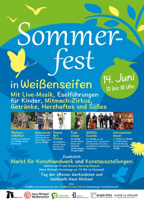 Ein Plakat für das Sommerfest in Weißenseifen. Es zeigt Informationen zu Live-Musik, Eselpflege, einem Mitmach-Zirkus, sowie Getränken und Essensständen am 14. Juni.