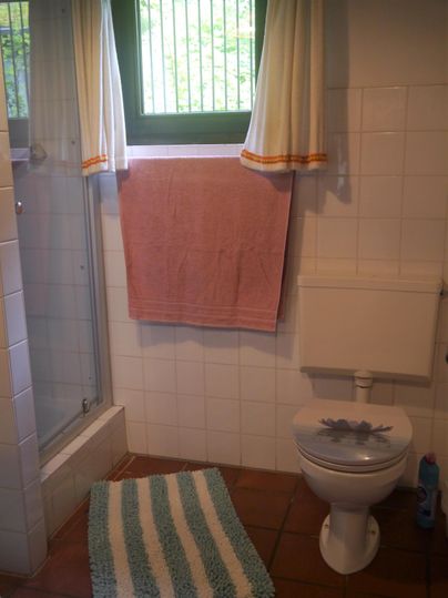 Ein einfaches Badezimmer mit einer Dusche, einem WC und einem großen Handtuch. Der Boden ist mit einem gestreiften Teppich ausgelegt.