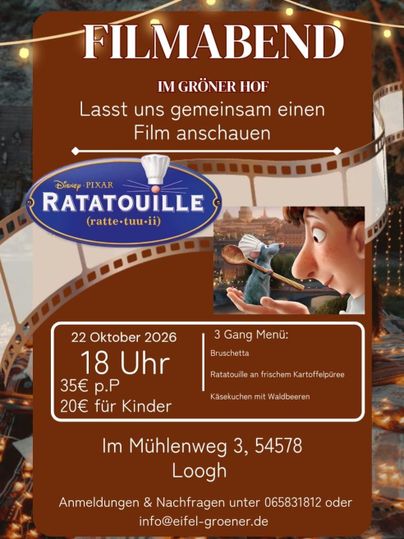 Ein Plakat für einen Filmabend mit dem Titel "Ratatouille". Es zeigt Informationen zu Datum, Ort und einem 3-Gänge-Menü.