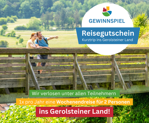 Reisegutschein zu gewinnen unter allen Teilnehmern für einen Kurztrip ins Gerolsteiner Land mit Foto von zwei Wanderern auf einer Brücke.