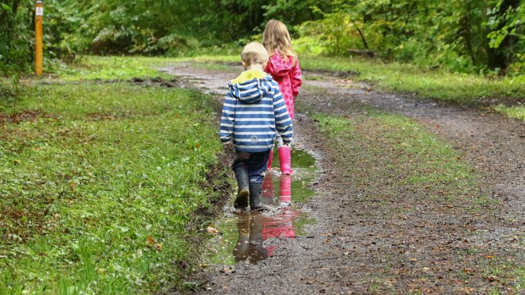 Kinder in Regenjacke und Gummistiefeln laufen durch eine Pfütze im Wald.