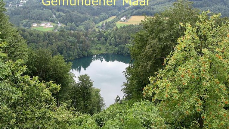 Ein malerischer Blick auf den Gemündener Maar, umgeben von grünen Bäumen und Hügeln. Der ruhige See spiegelt die Natur wider.