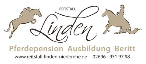 Un logo du centre équestre Linden avec des chevaux stylisés. Il met en avant les services de pension pour chevaux et de formation.