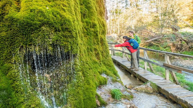 Zwei Wanderer betrachten den moosbedeckten Wasserfall Dreimühlen und strecken die Hand zum Wasser aus. Sie stehen auf einem Holzsteg, der über den Bach führt.