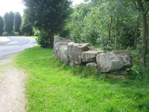 Eine alte Steinmauer verläuft parallel zu einer Straße, umgeben von grüner Vegetation und Bäumen.