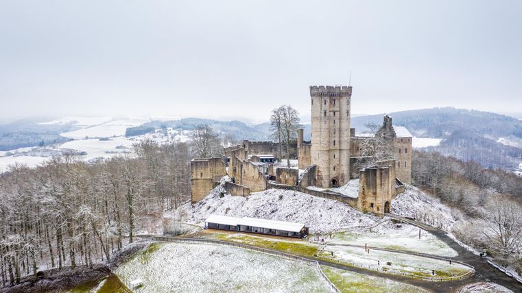 Eine massive Burg mit mehreren Türmen steht auf einer Felserhebung mitten in einer weitläufigen Wald- und Wiesenlandschaft im Winter. Die freien Wiesen sind leicht mit Schnee bedeckt.