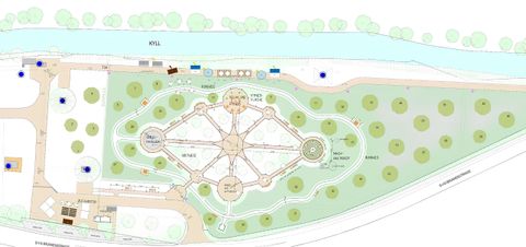 Eine grafische Darstellung eines Parks mit Wegen und grünen Flächen. In der Mitte befindet sich ein symmetrisches Design mit angelegten Beeten.