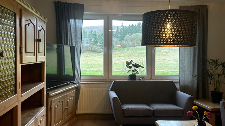 Ein gemütliches Wohnzimmer mit einem grauen Sofa und einem Holztisch. Große Fenster bieten einen Blick auf die grünen Landschaften draußen.