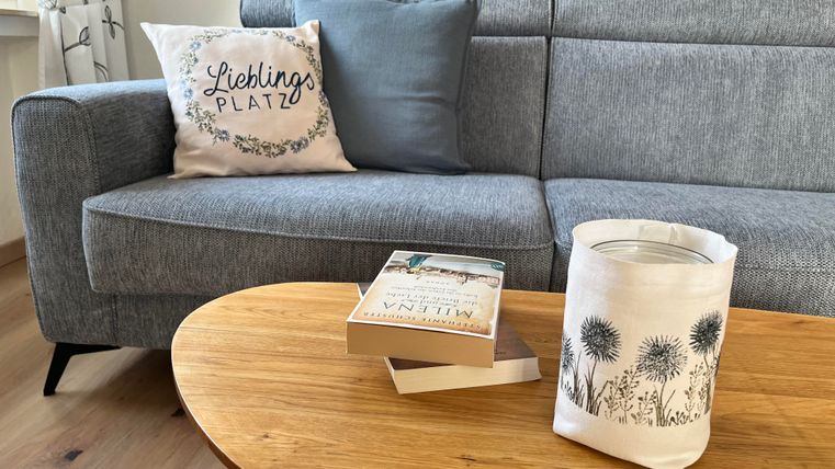 Un coin salon confortable avec un canapé gris et un coussin décoratif. Sur la table, il y a des livres et une bougie décorative.
