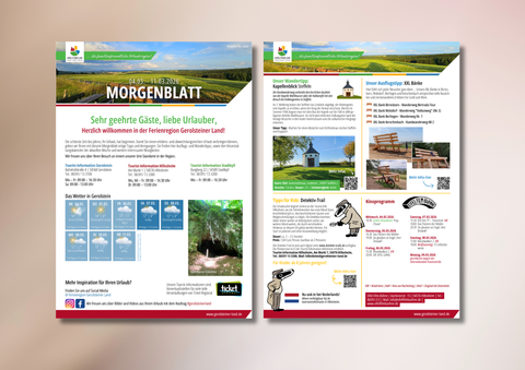Zwei Blätter nebeneinander mit Überschrift "Morgenblatt" mit Informationen zu Öffnungszeiten, Wettervorhersage, Wander-, Radfahr- und Ausflugstipps, sowie Kinoprgramm und Tipps für Kids.