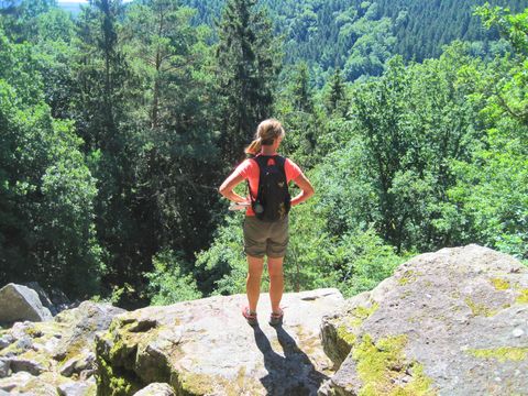 Person auf Felsen mit Blick auf bewaldetes Tal.