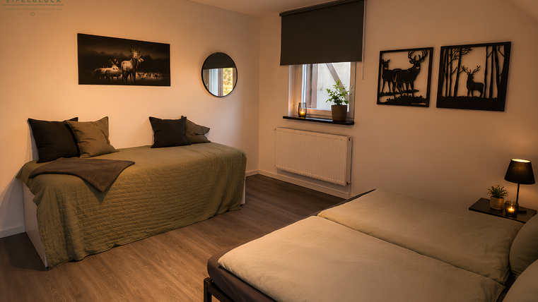 A cozy room with two beds, modern decorations, and soft lighting. Pictures of animals hang on the walls, and a large mirror is also visible.