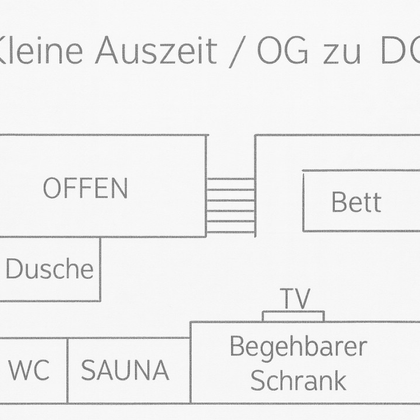 Une représentation schématique d'un plan de pièce avec différentes zones telles que lit, douche, WC, sauna et TV. Les zones sont clairement délimitées et comprennent également un dressing.