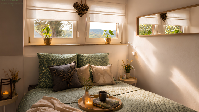 A cozy bedroom with a large bed and stylish pillows. Warm light streams through the windows, and decorative plants create an inviting atmosphere.