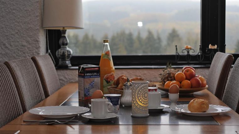 Ein gedeckter Frühstückstisch mit Brötchen, Saft, Milch, Obst und Geschirr vor einem Fenster mit Blick auf eine bewaldete Landschaft.