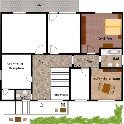Ein Grundriss eines Wohnraums mit verschiedenen Räumen wie Schlafzimmer, Bad und Aufenthaltsraum. Der Plan zeigt auch einen Empfangsbereich und einen Balkon.