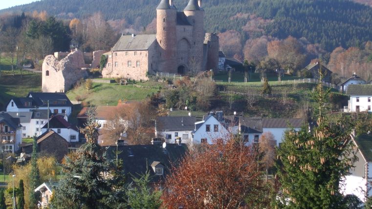 Kasteel in een heuvelachtig landschap met omliggende huizen en bos op de achtergrond.