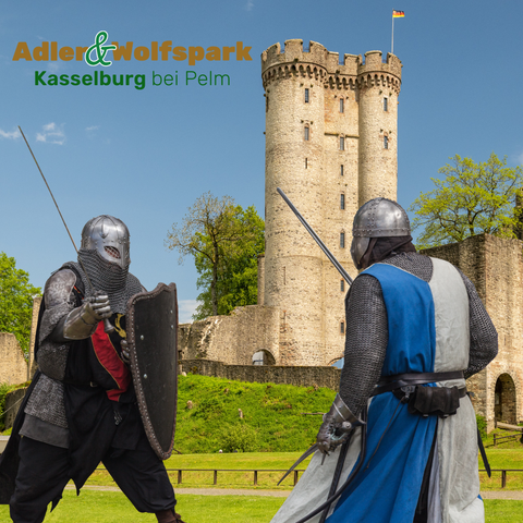 Zwei Ritter mit Helmen, Kettenhemden, Schildern und Schwertern ausgestattet stehen vor der Kasselburg in Pelm. Das Logo des Adler- & Wolfsparks ist oben links zu erkennen.