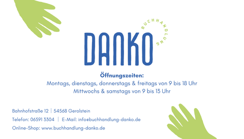 Logo der Buchhandlung Danko mit Öffnungszeiten, Adresse, Kontaktdaten und Internetseite.