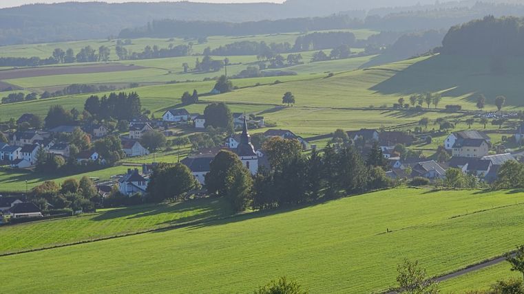 Landschaftsansicht von Steffeln mit grünen Feldern und Dorf im Hintergrund.