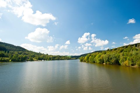 Ein ruhiger Fluss fließt durch eine grüne Landschaft. Der Himmel ist blau mit einigen weißen Wolken.