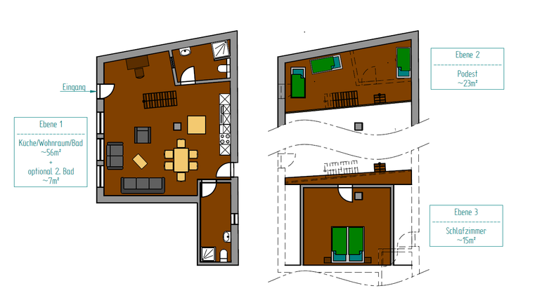 Een gedetailleerde plattegrond van een huis met drie niveaus. Het eerste niveau bevat een keuken, een woonkamer en een optioneel badkamer.