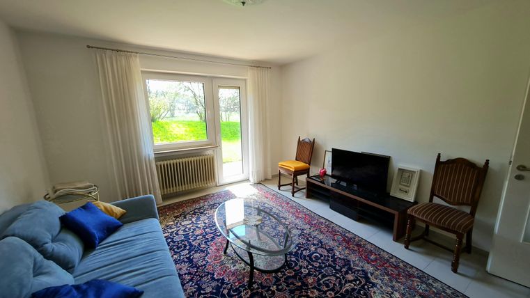 A bright living space with a blue sofa and a glass table. A green meadow is visible through the windows.