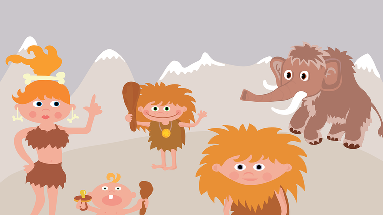 Grafik einer stilisierten Steinzeitfamilie neben einem Mammut.