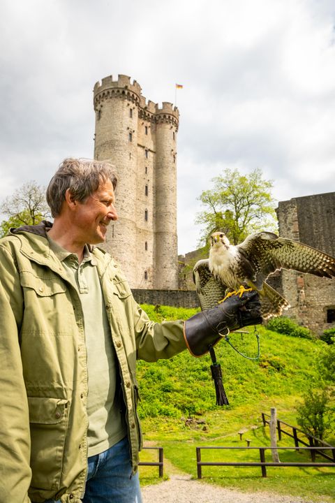 Ein Mann steht vor einer Burg und hält einen Falken auf seinem Handschuh. Die Burg hat zwei Türme und ist von grüner Landschaft umgeben.