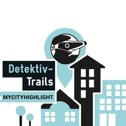 Logo von Detektiv-Trails mit einem Dachs und Gebäuden.