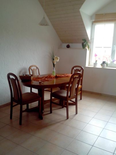 Ein einfacher Essbereich mit einem Holztisch und vier Stühlen. Das Fenster lässt viel Licht herein und es gibt einige Pflanzen auf der Fensterbank.