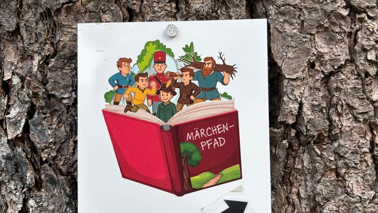 Ein Schild mit der Aufschrift 'Märchenpfad' und einer Illustration von Märchenfiguren auf einem Baumstamm.