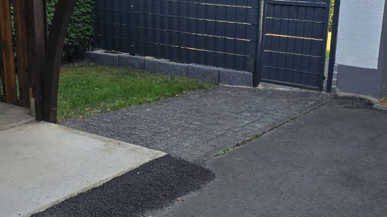 Un jardin clôturé avec une pelouse verte et un chemin gris. À l'arrière-plan se trouve une porte noire.
