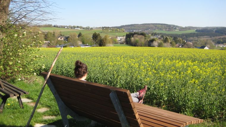 Person sitzt auf einer Bank mit Blick auf ein Rapsfeld und eine hügelige Landschaft.