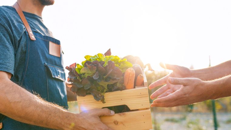 Un homme tient une boîte en bois avec de la salade et des légumes à l'intérieur dans ses mains et la passe à une autre personne.