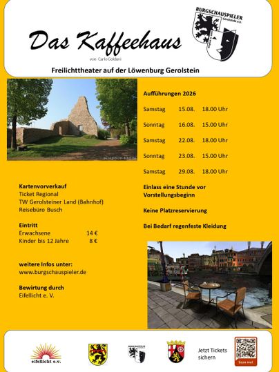 Een poster voor het openluchttheater „Das Kaffeehaus“ op de Löwenburg in Gerolstein. Het bevat informatie over voorstellingen, ticketverkoop en toegangsprijzen.