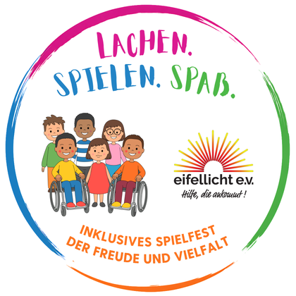 Eine bunte Illustration von Kindern, die zusammen lachen und spielen, darunter ein Kind im Rollstuhl. Der Text betont die Freude und Vielfalt bei einem inklusiven Spielestfest.