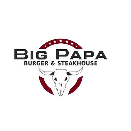Logo von Big Papa Burger & Steakhouse mit einem Stierschädel und Sternen in einem roten Halbkreis.