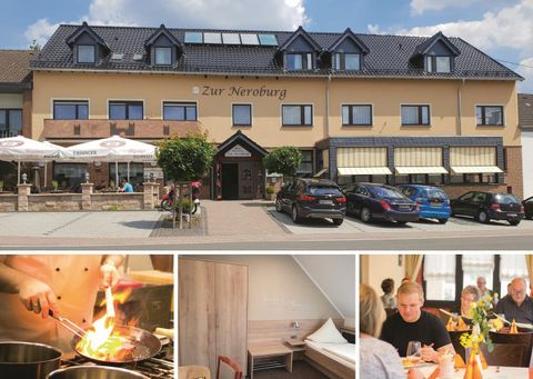 Ein einladendes Restaurant mit einer gemütlichen Terrasse und einem modernen Ambiente. Im Bild sind auch kulinarische Köstlichkeiten und zufriedene Gäste zu sehen.